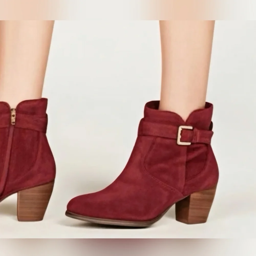 Suede Leather Red - Brown Burgundy Ankle Boots Sleek Bootie Buckle Size 8